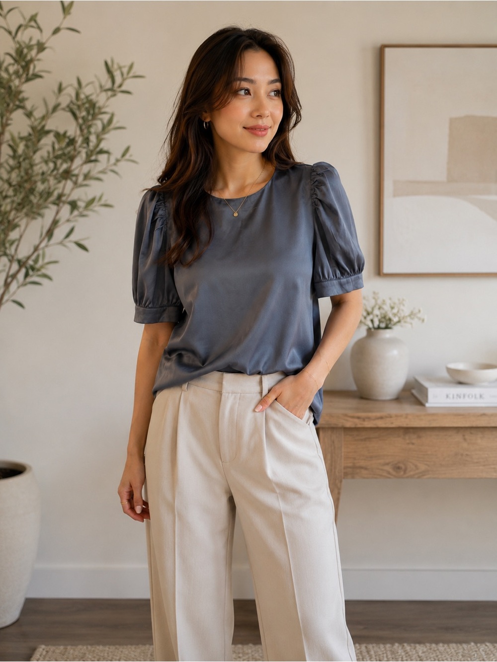 Elegant Puff Sleeve Satin Blouse in Slate Blue Minimalist Elegant Quiet Luxury